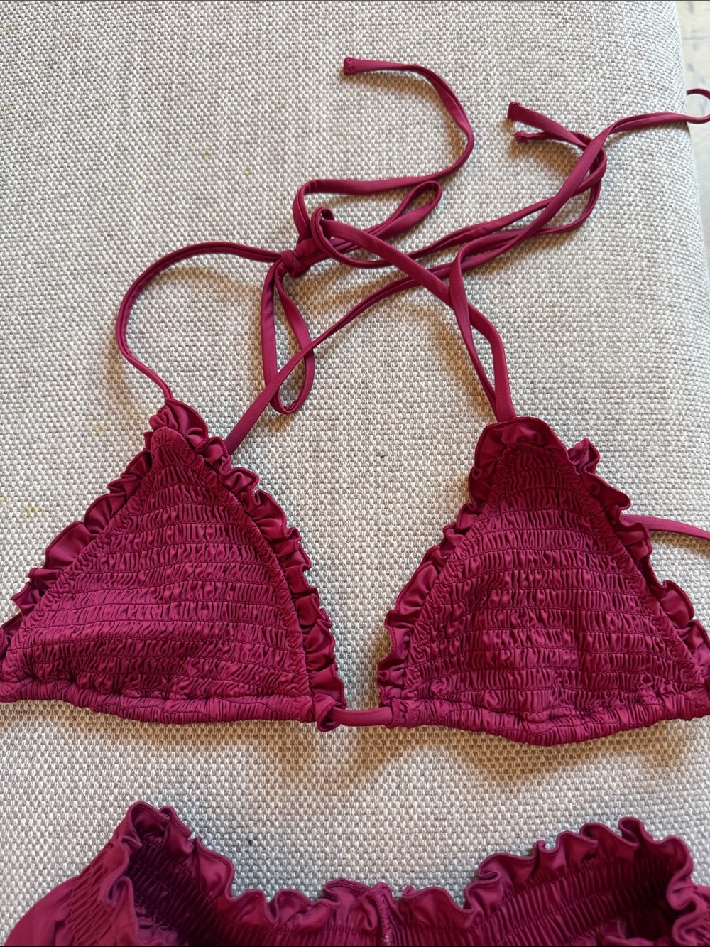 Frankie's Bikinis Ruffled Smocked Triangle Bikini in Berry - Picture 2 of 4